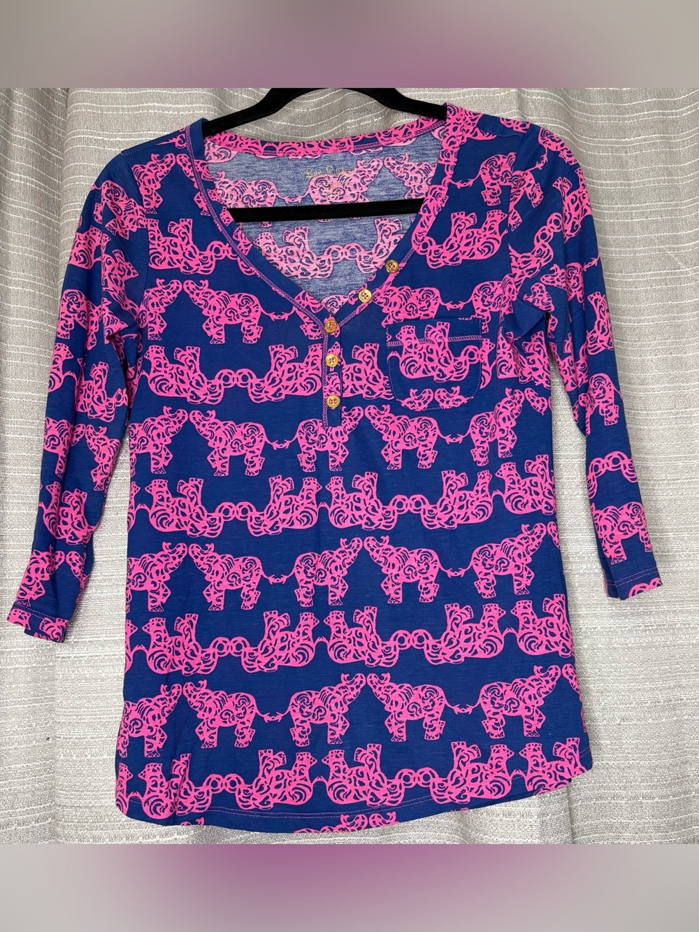 Lilly Pulitzer Navy and Pink Printed Henley Blouse - Picture 2 of 5